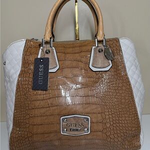 GUESS Brown and White Croc-Embossed Tote Bag